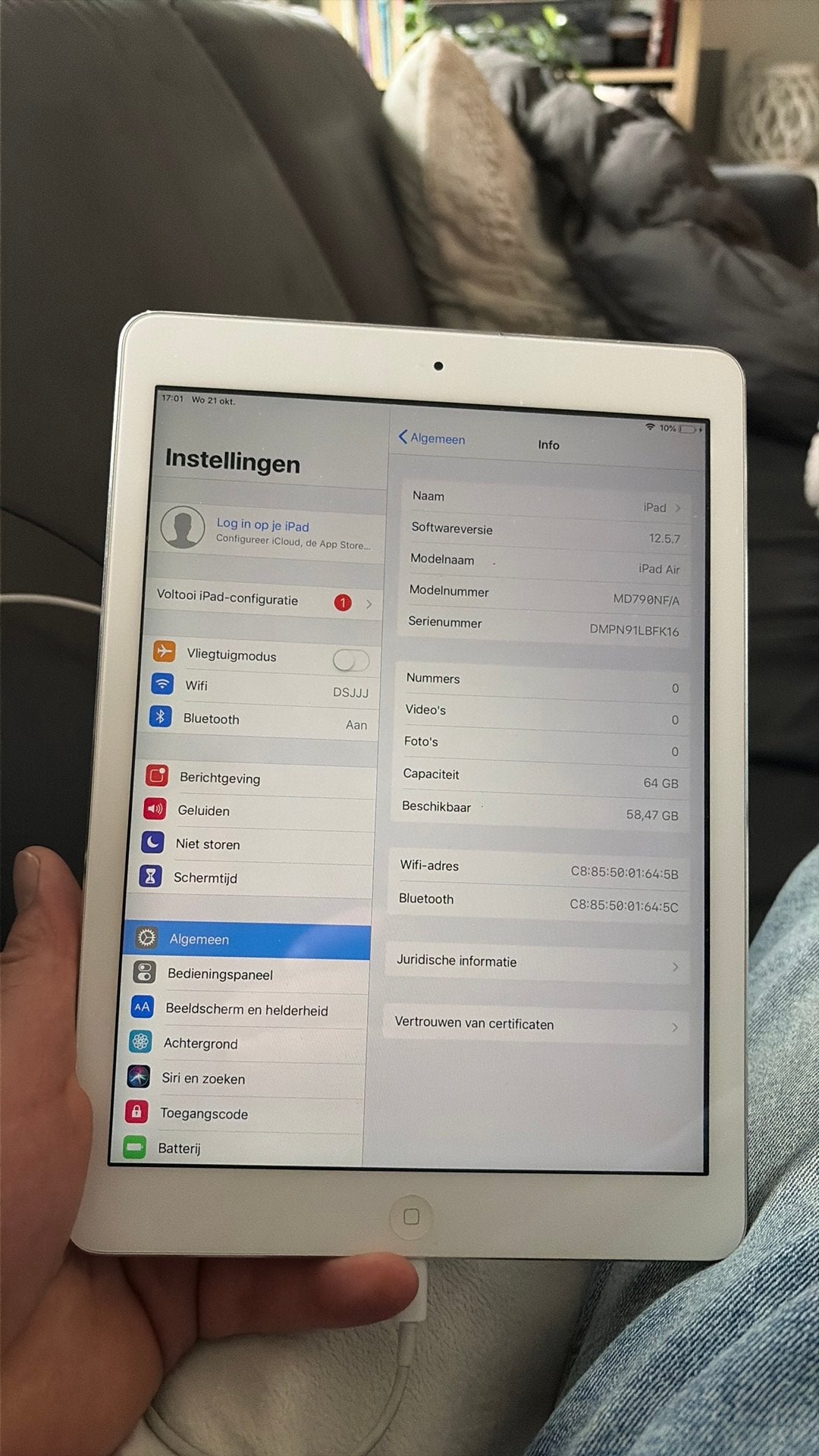 iPad Air 1e Generatie - 64 GB - Zilver Inclusief iOS 12.5.7, Computers en Software, 10 inch, Apple iPad Air, Ophalen of Verzenden