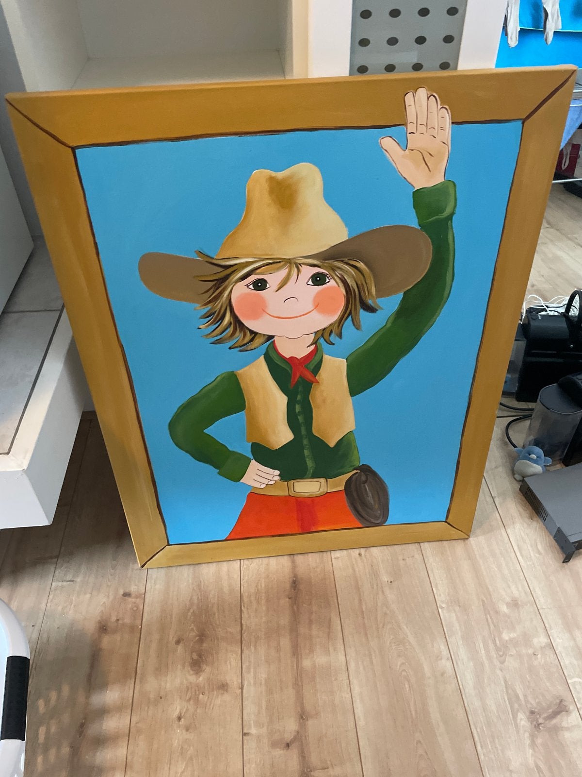 Schilderij cowboy jongen 70x90 cm, Figuren, Handgeschilderd, Ophalen of Verzenden, Olieverf