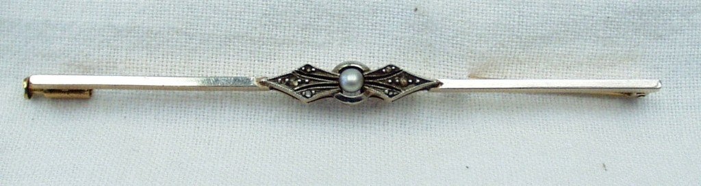 ART DECO speld 18kt goud diamant parel., Ophalen of Verzenden, Goud, Broche, Met edelsteen