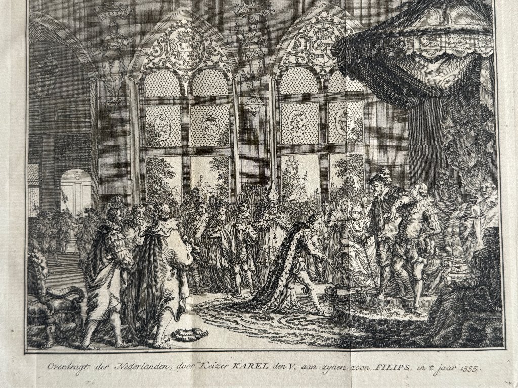 Karel draagt de Nederlanden over aan Filips 1555 - P0870-04, Ophalen of Verzenden, Ets, 1700 - 1799