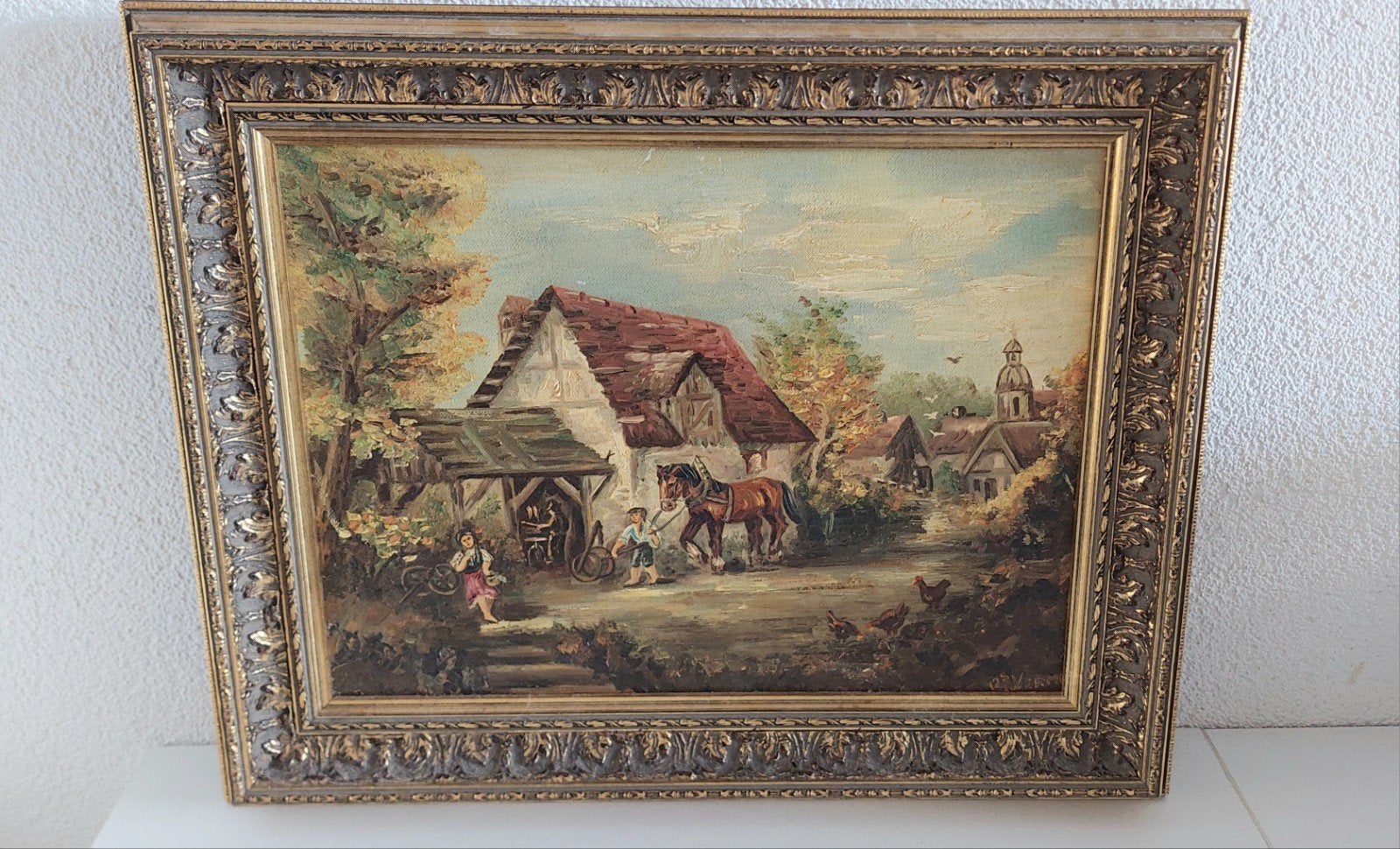 Olieverfschilderij: Boerderijtafereel met paard en figuren, Doek, Realistisch, Ophalen of Verzenden, Gesigneerd