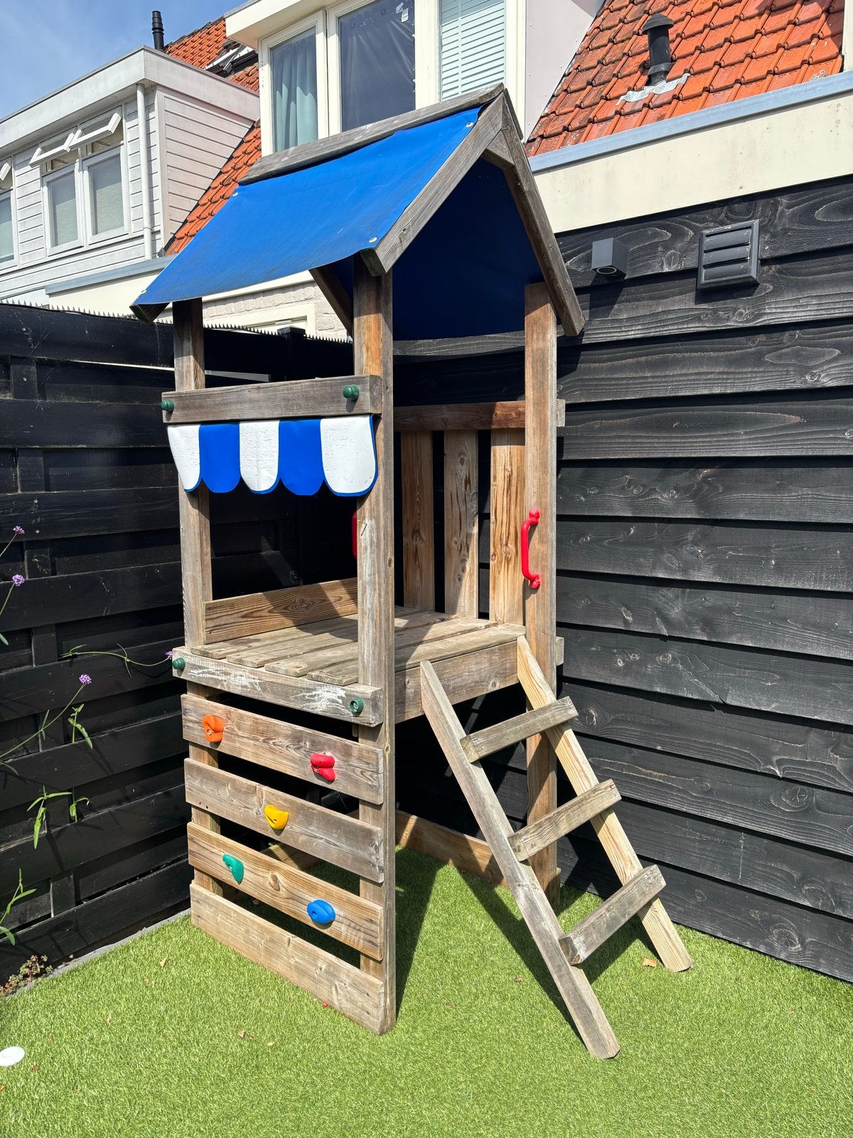 Wickey Houten speelhuisje met klimwand en ladder, Ophalen, Gebruikt, Klimwand