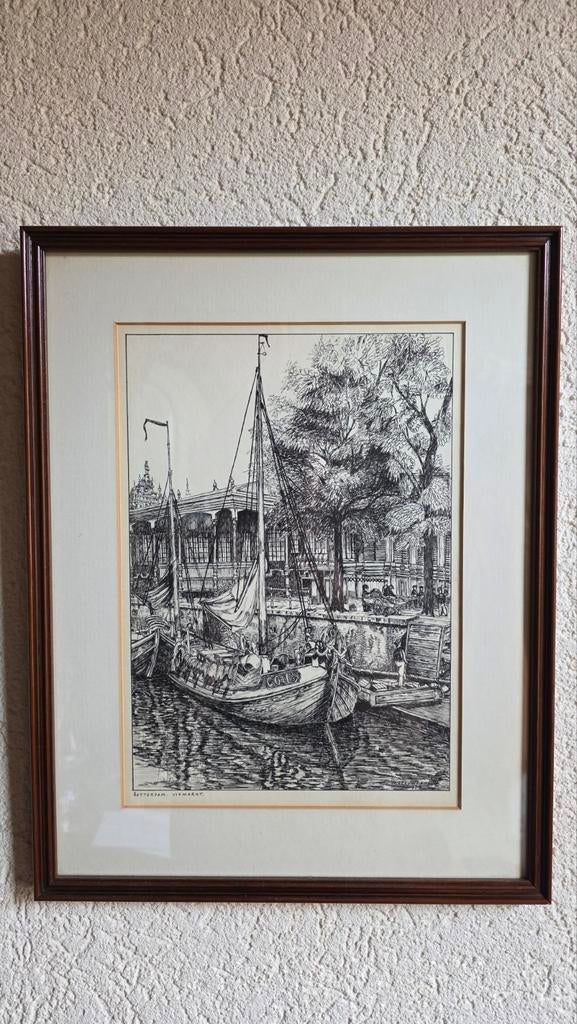Antieke ets van Rotterdamse haven met zeilschepen, Antiek en Kunst, Ingelijst, Ets, Stadsgezicht, Ophalen of Verzenden