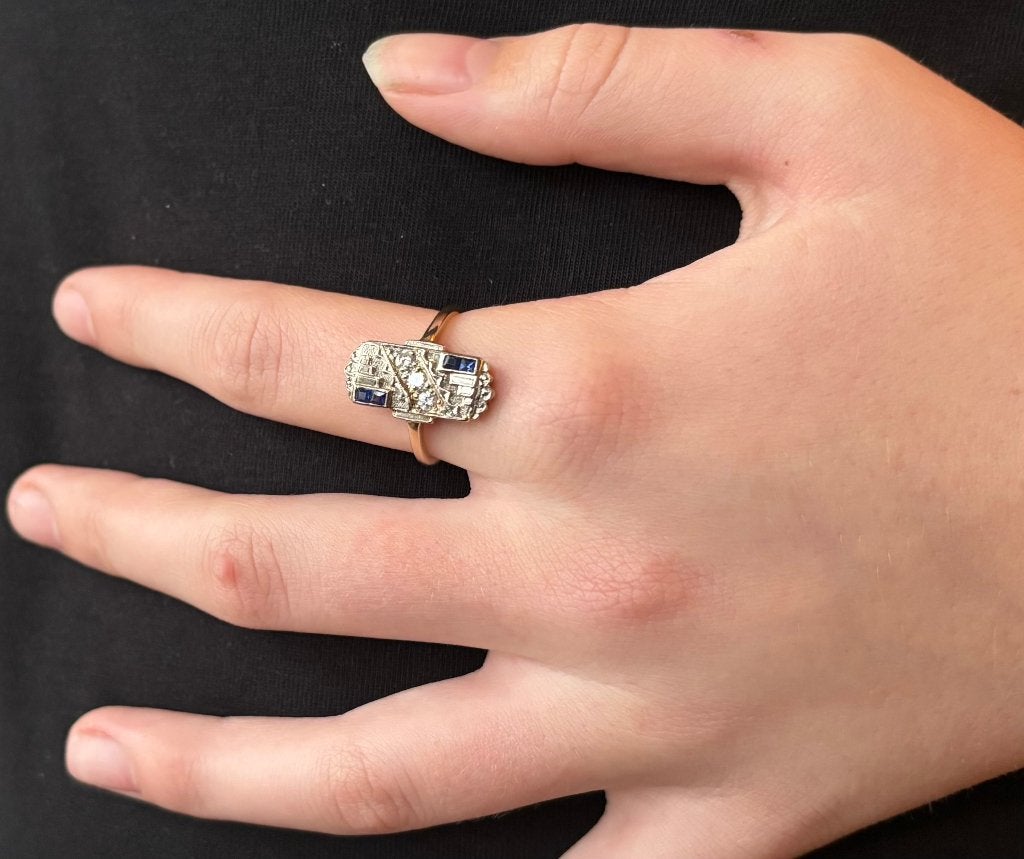 Art Deco diamanten saffier 14k gouden ring dames vintage