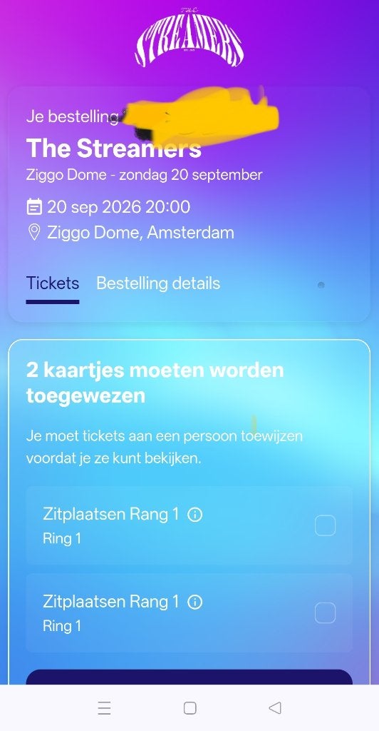 2 kaartjes streamers ziggodome,20september,20.00uur, Twee personen