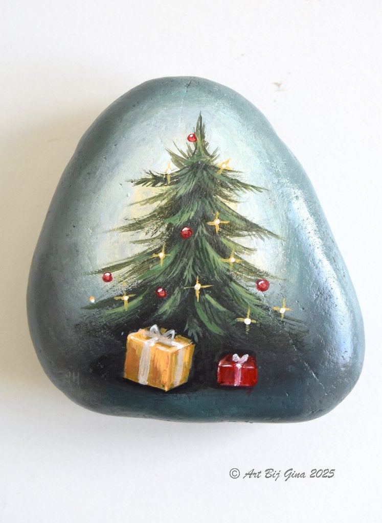 Kerstboom met pakjes, hand geschilderd op riviersteen, Ophalen of Verzenden