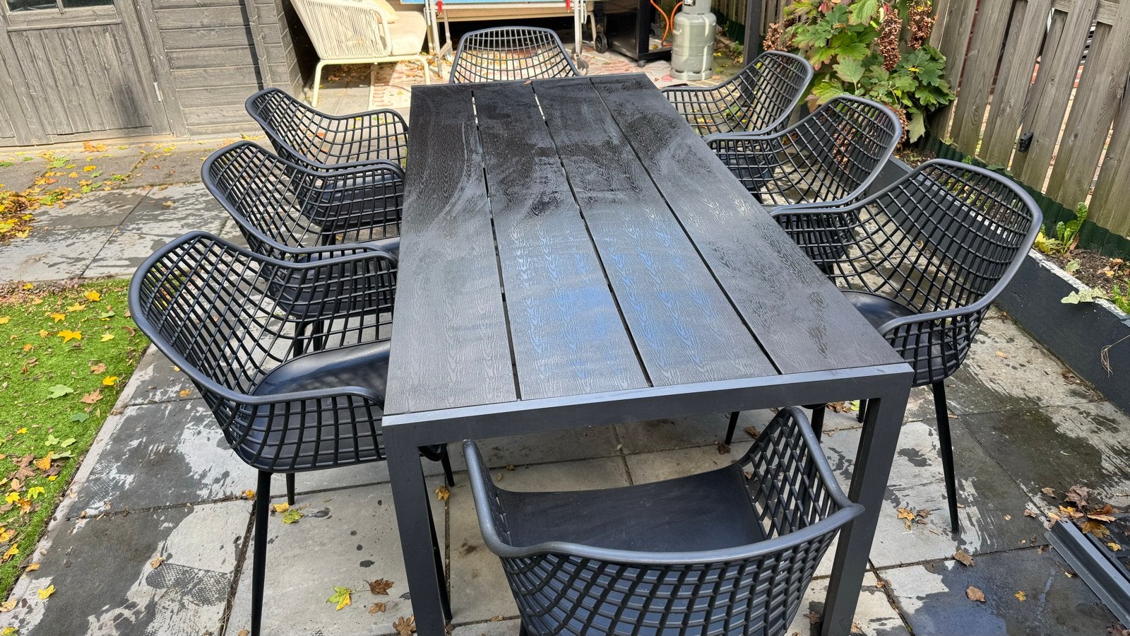 Nette tuinset: tafel (205x90x75) met 8 Kwantum Webbing stoel, Ophalen, Kunststof, Eettafel, Tuinset