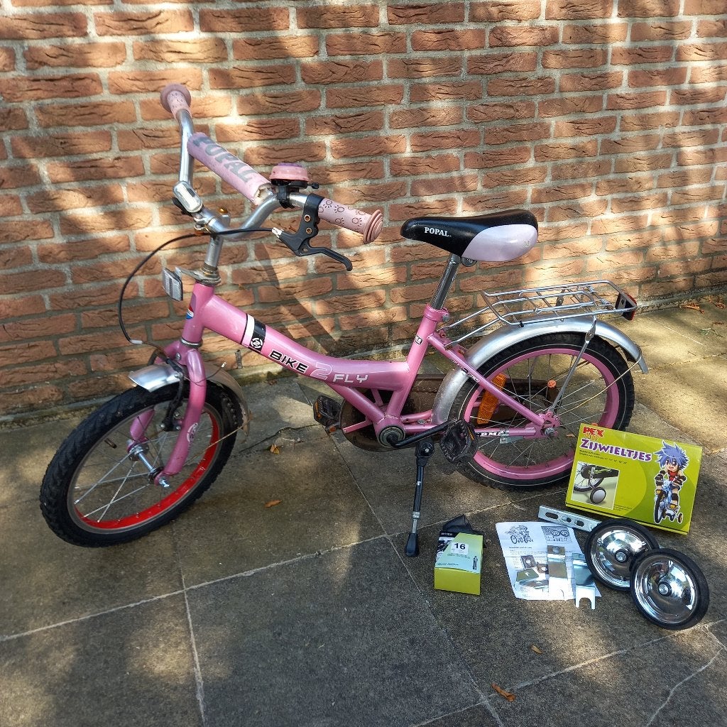 Roze 16 inch kinderfiets met zijwieltjes, Fietsen en Brommers, Fietsen | Kinderfietsjes, Ophalen, Terugtraprem, Zijwieltjes, Bike 2 Fly