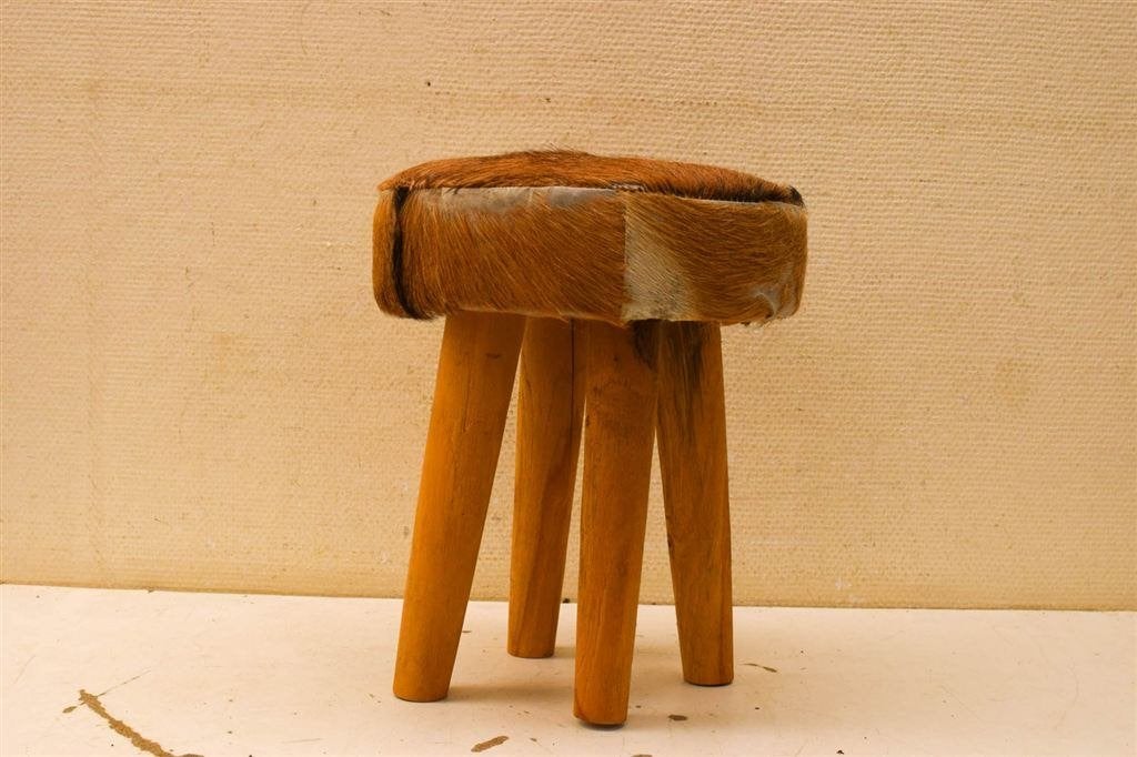 Houten krukje met huid zitting 50883, Ophalen of Verzenden, Gebruikt, Hout
