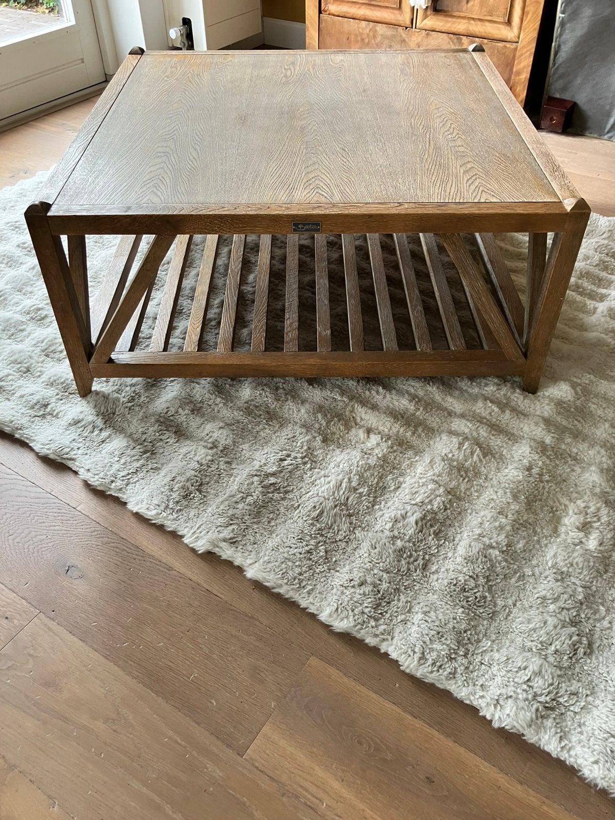 Moderne Braxton salontafel 100x100 cm vergrijsd eiken, Huis en Inrichting, Tafels | Salontafels, Ophalen, Gebruikt, 100 tot 150 cm