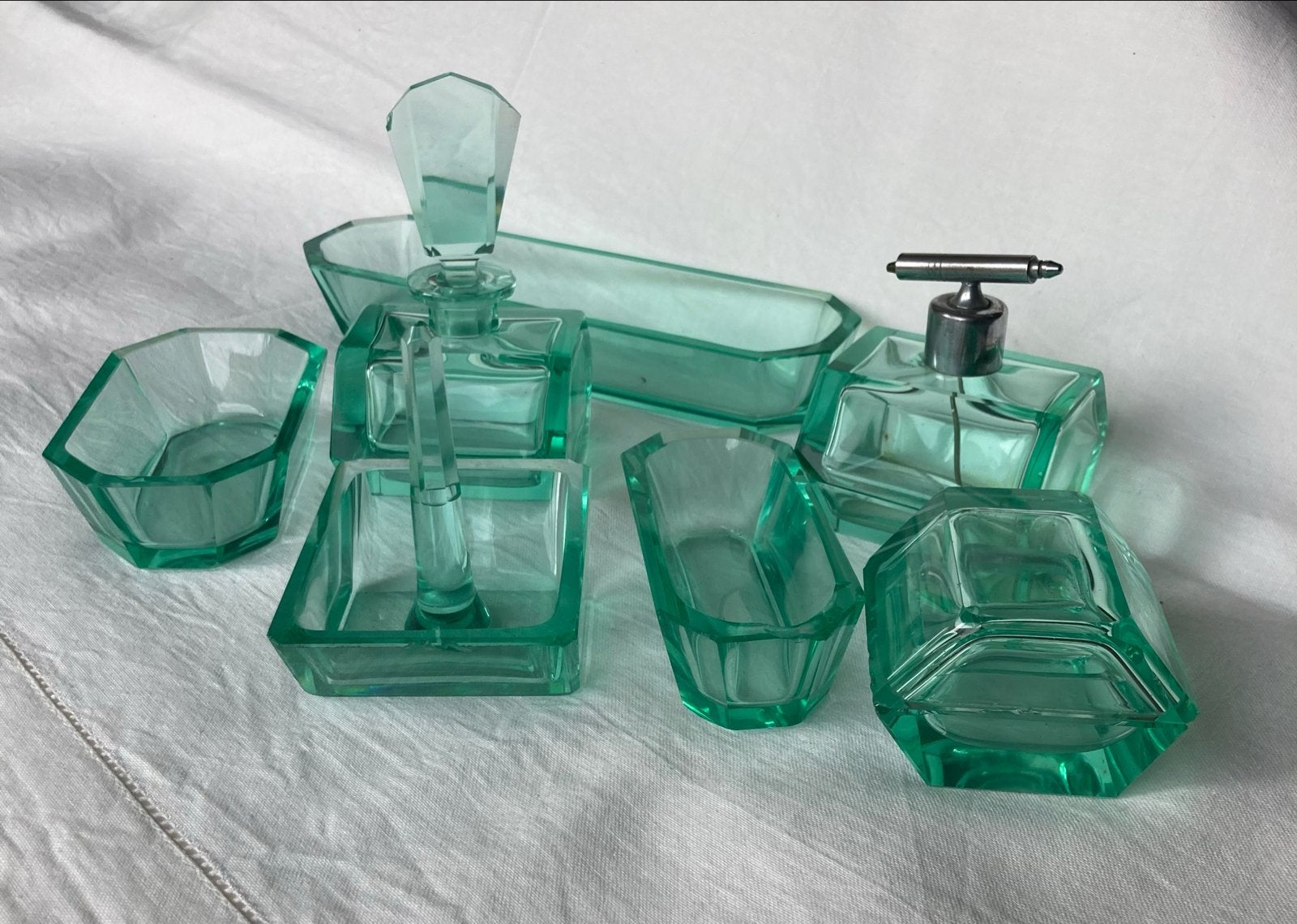 Vintage Art Deco Groen Glas Toilettafel Set, Ophalen of Verzenden