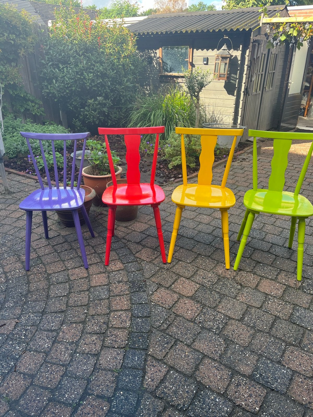 Set van 5 gekleurde vintage café stoelen, Ophalen, Gebruikt, Overige kleuren, Vier