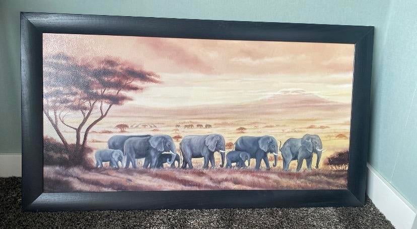 Schilderij olifanten Afrikaanse savanne met lijst, Antiek en Kunst, Kunst | Schilderijen | Klassiek, Ophalen