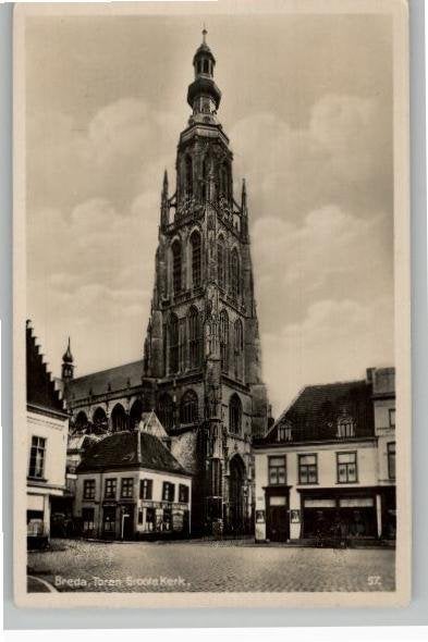Breda Toren groote Kerk fotokrt st 1938, Ophalen of Verzenden, 1920 tot 1940, Gelopen, Noord-Brabant