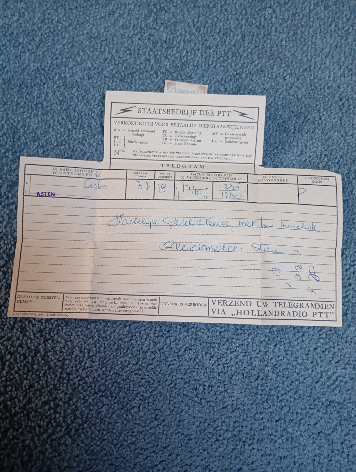 Vintage Telegram Staatsbedrijf der PTT, Ophalen of Verzenden, Gebruiksvoorwerp