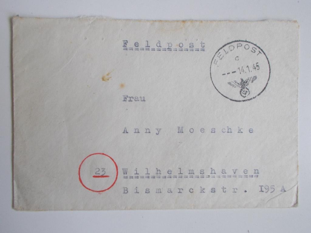 Duitse Rijk, Veldpostenvelop Naar Wilhelmshaven 1945., Ophalen, Envelop