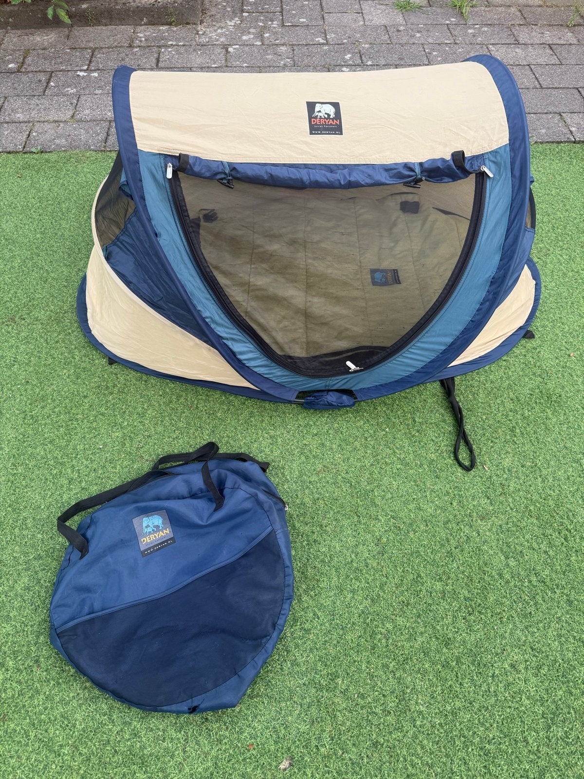 Deryan Peuter Luxe Reistentje/Campingbedje Khaki/Blauw, Ophalen of Verzenden, Zo goed als nieuw, Reisbedje