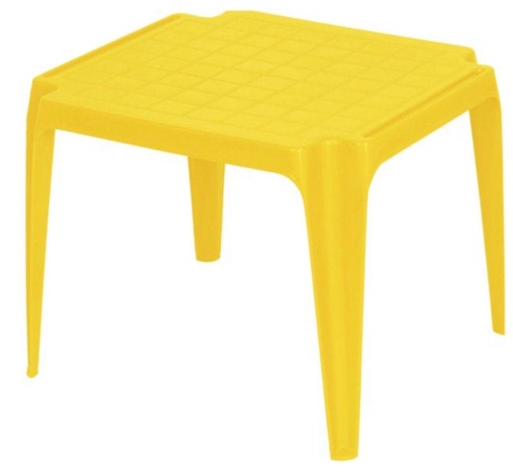 Kindertafel - kunststof - geel met 2 stoeltjes blauw en rood, Ophalen of Verzenden, Gebruikt, Tafel(s) en Stoel(en)