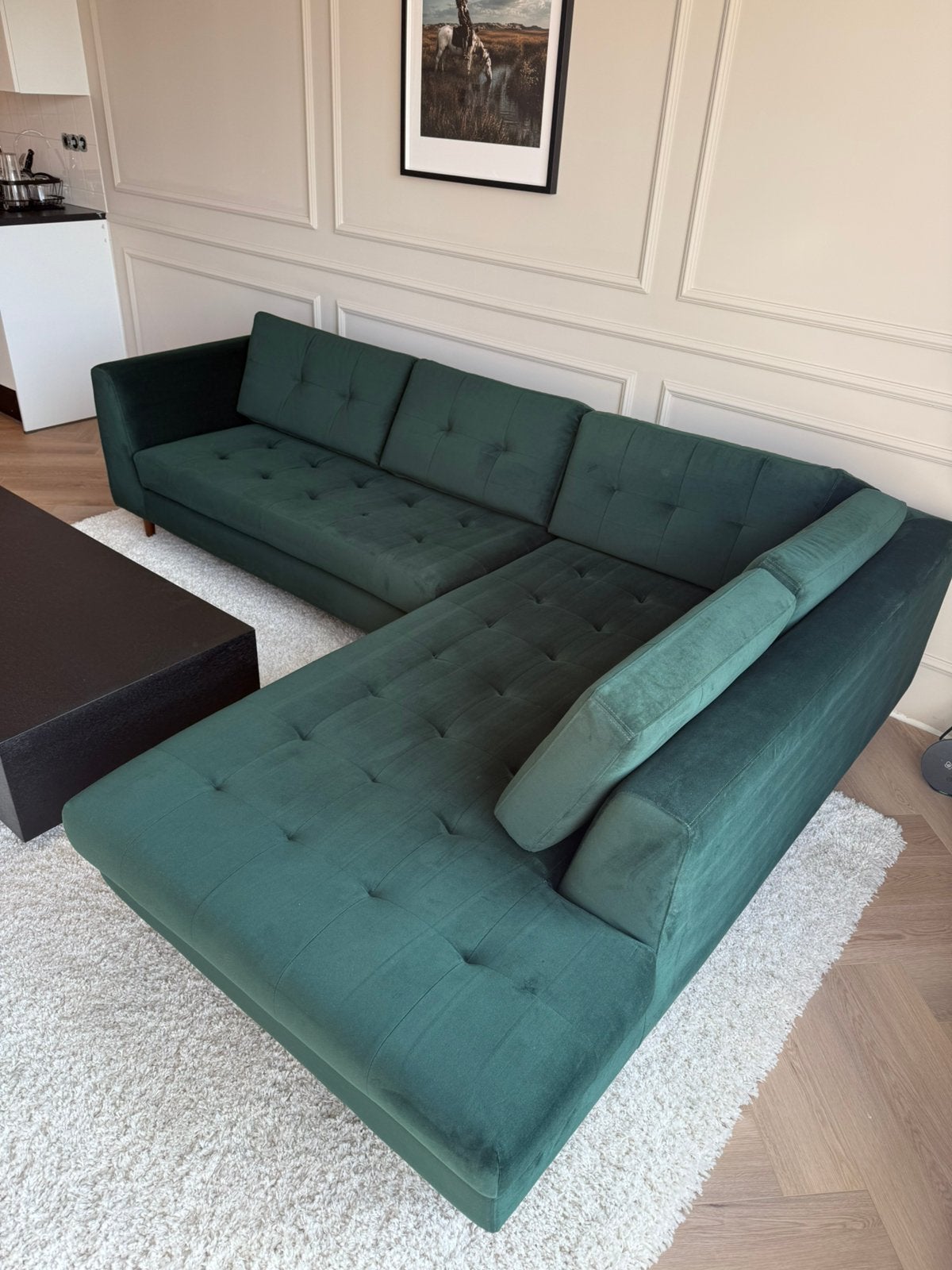 Groene fluwelen hoekbank - Zo goed als nieuw, Ophalen, 250 tot 300 cm, Hoekbank, Zo goed als nieuw