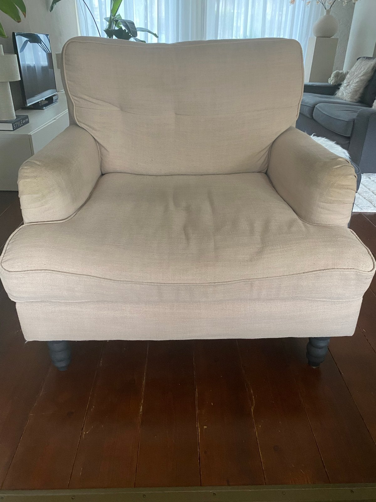 Beige linnen fauteuil (love seat), Huis en Inrichting, Fauteuils, Ophalen, Gebruikt, 100 tot 125 cm, Landelijk