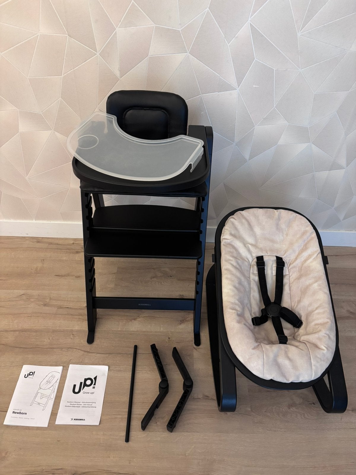 Complete Kidsmill set zwart met creme newbornset accessoires, Ophalen, Gebruikt, Meegroeistoel