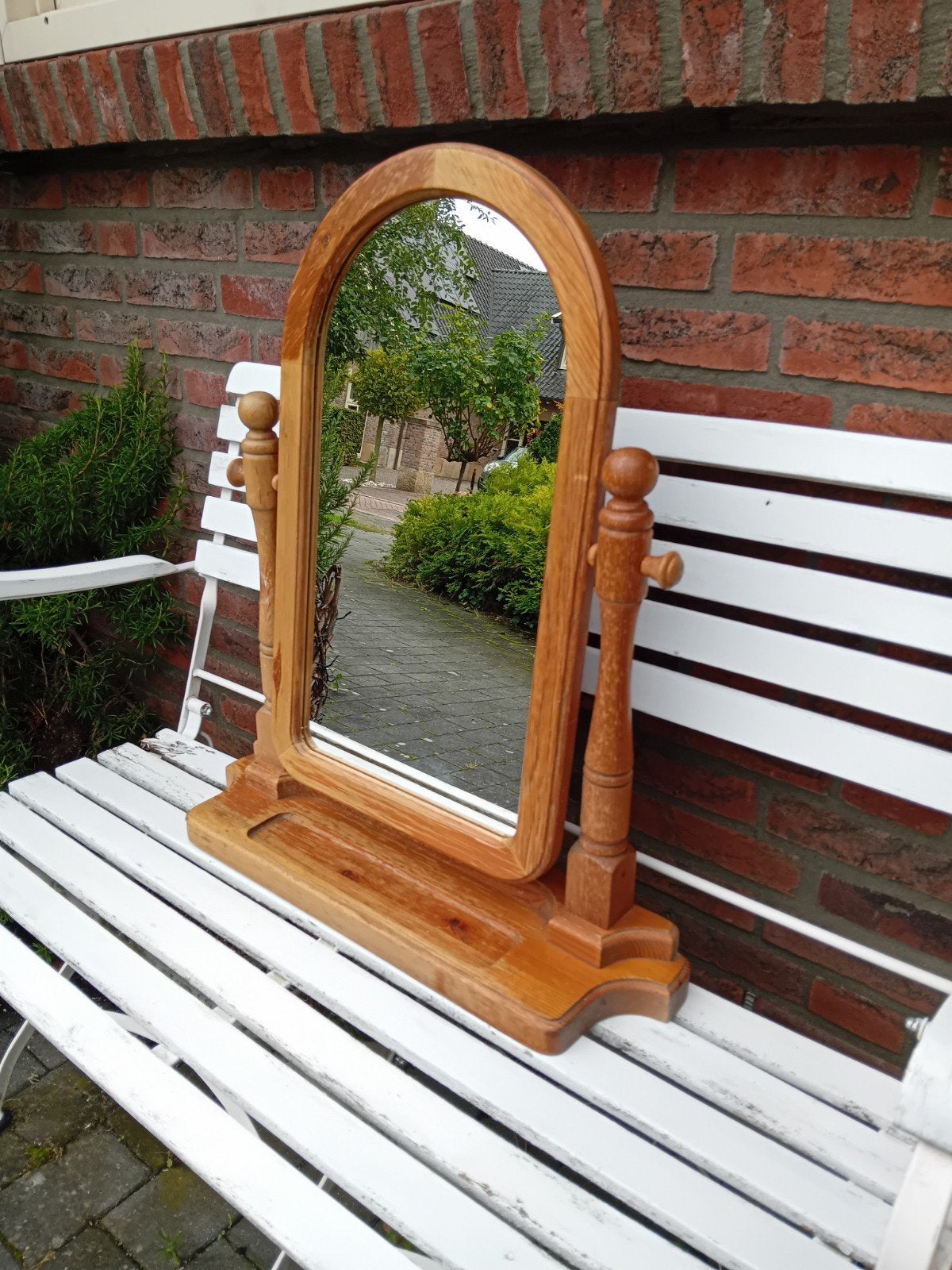 Vintage houten tafelspiegel met boogvorm, Ophalen