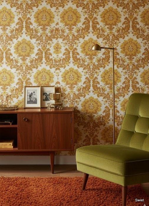 6710 okertinten barok vintage behang wallpaper swiet  , Verzenden, Minder dan 10 m²