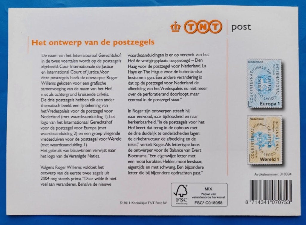 Postzegelmapje 433 - Cour Internatonale de Justice, Verzenden, Na 1940, Postfris