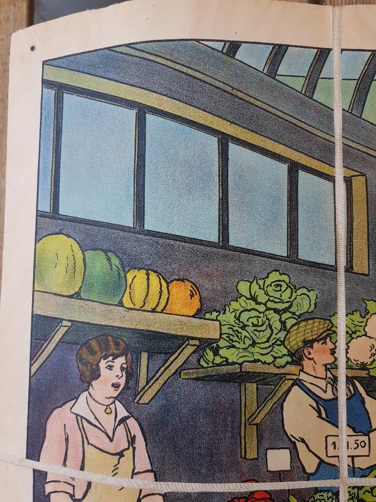 Op de markt oude schoolplaat uit Frankrijk litho op canvas., Ophalen of Verzenden