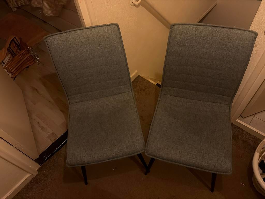 Set van 2 blauw/grijs stoffen eetkamerstoelen, Gebruikt, Twee, Ophalen of Verzenden, Stof