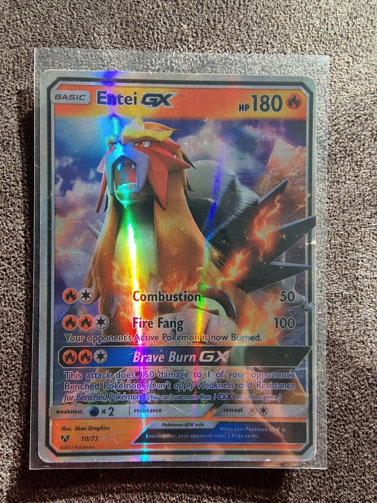 Entei GX Pokémon Kaart 10/73 - Zeldzaam en Krachtig, Ophalen of Verzenden, Zo goed als nieuw, Losse kaart, Foil