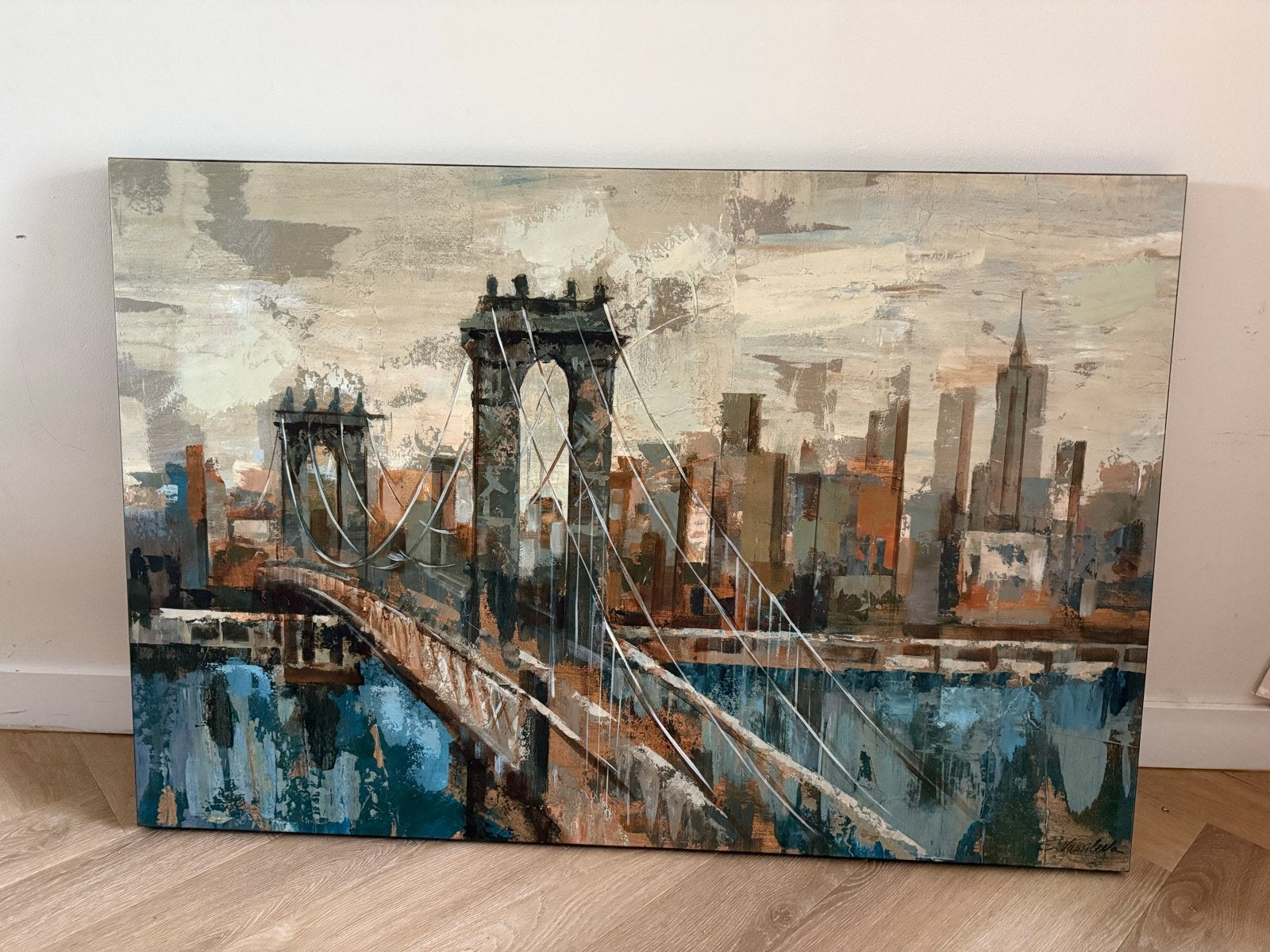 Modern canvas schilderij van de Brooklyn Bridge, New York, Ophalen, Doek, Expressionistisch, Handgeschilderd
