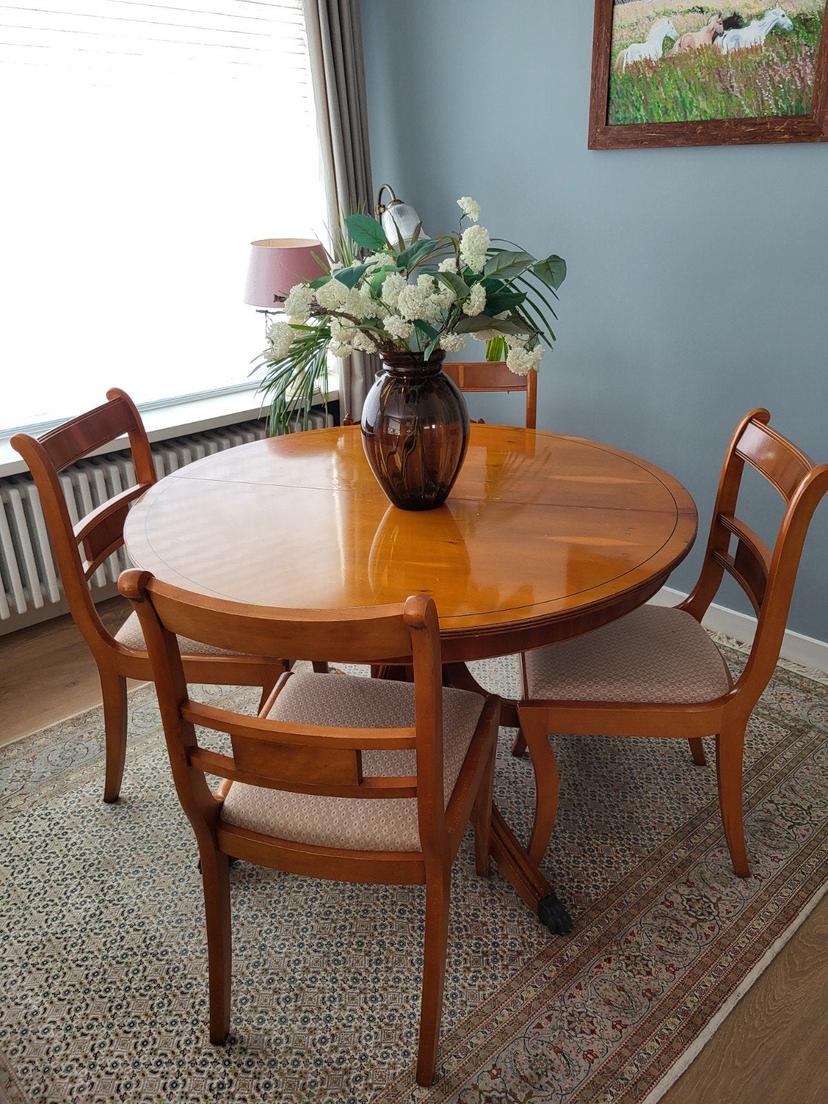 Complete eethoek: ronde tafel met 4 stoelen, Huis en Inrichting, Ophalen of Verzenden, Gebruikt, Klassiek, 4 tot 6 stoelen