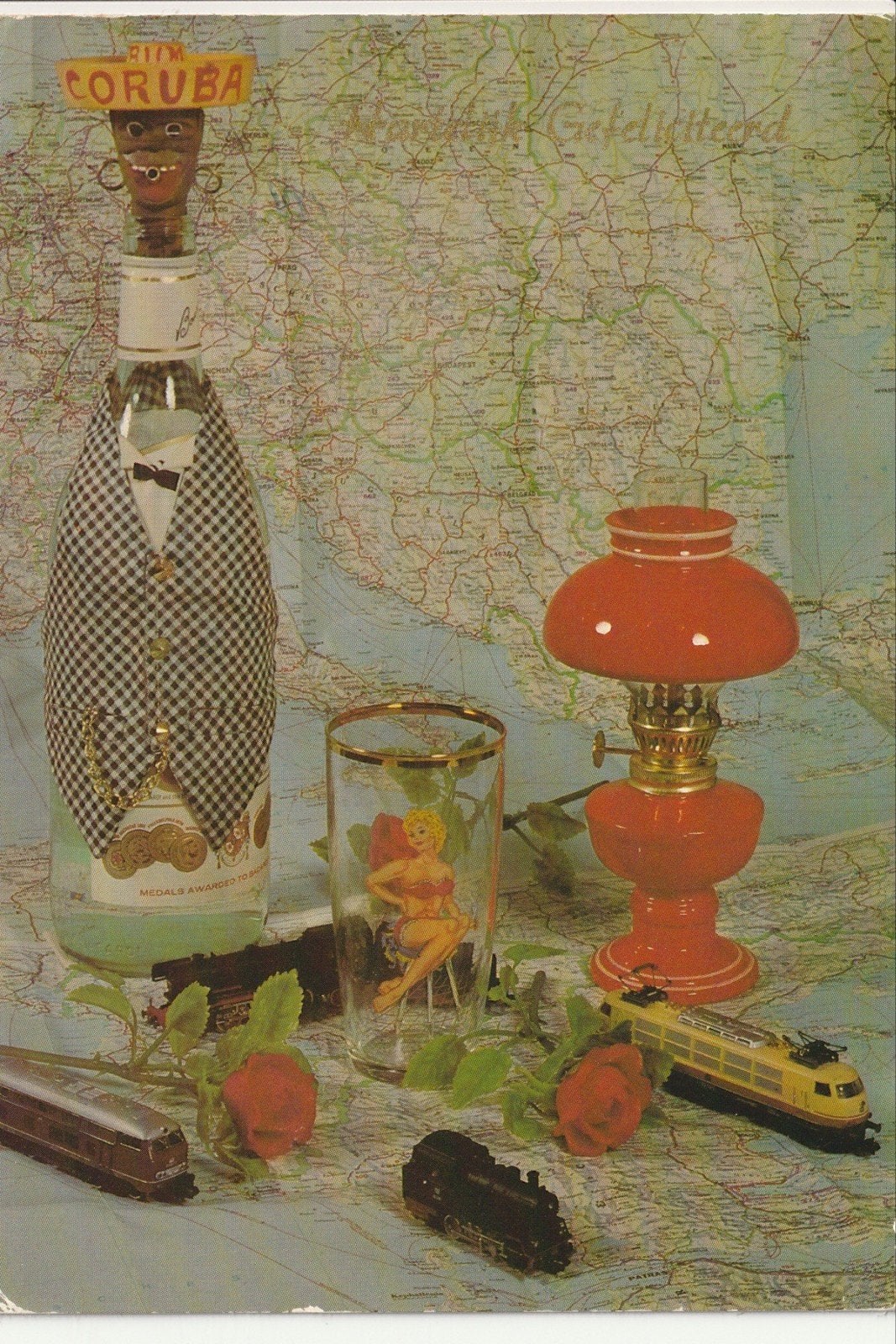 MODELTREIN HARTELIJK GEFELICITEERD LANDKAART GLAS FLES RUM, Verzamelen, Ophalen of Verzenden, 1980 tot heden, Gelopen, Overijssel
