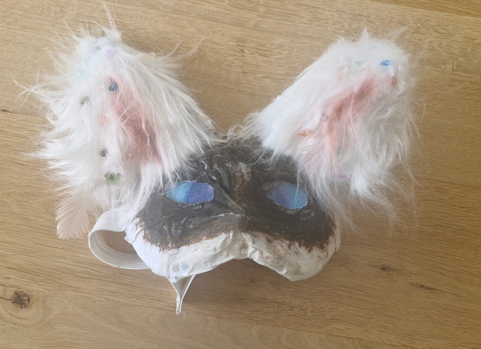 Kat masker met edelsteentjes en veer voor kinderen, Ophalen