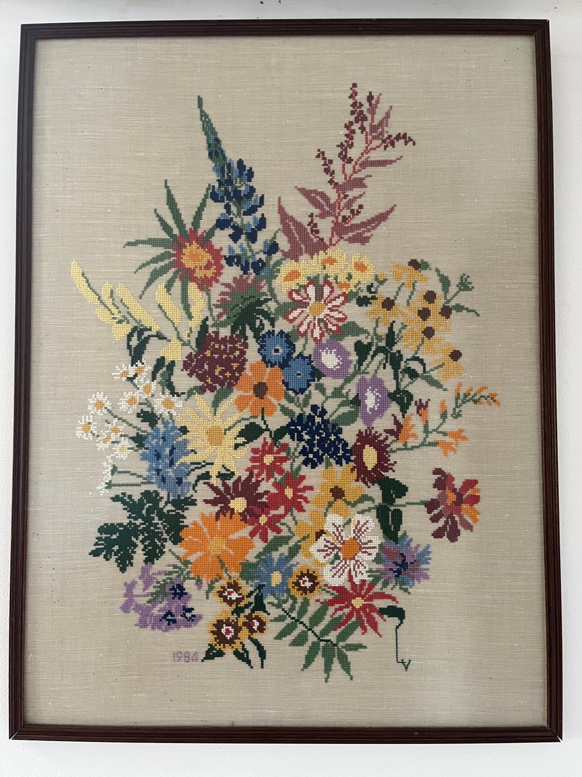 Schilderij borduurwerk borduren bloempatroon bloemen kleur, Antiek en Kunst, Doek, Overige technieken, Vintage, Ophalen