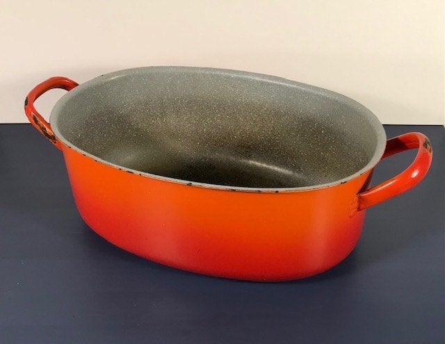 Vintage oranje ovale pan met deksel, Ophalen of Verzenden, Gebruikt, Emaille, Braadpan
