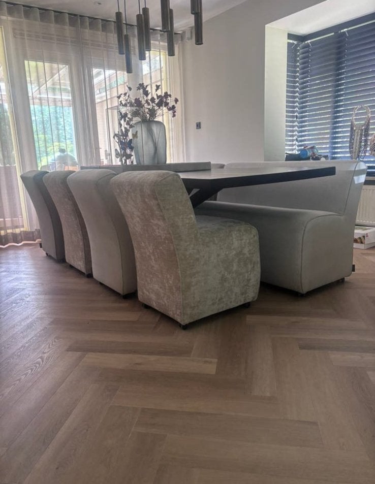 Keijser & co eetkamerset 6 delig 2x eetkamerbank & 4 stoelen, Ophalen, Overige kleuren, Vijf, Zes of meer stoelen, Overige materialen