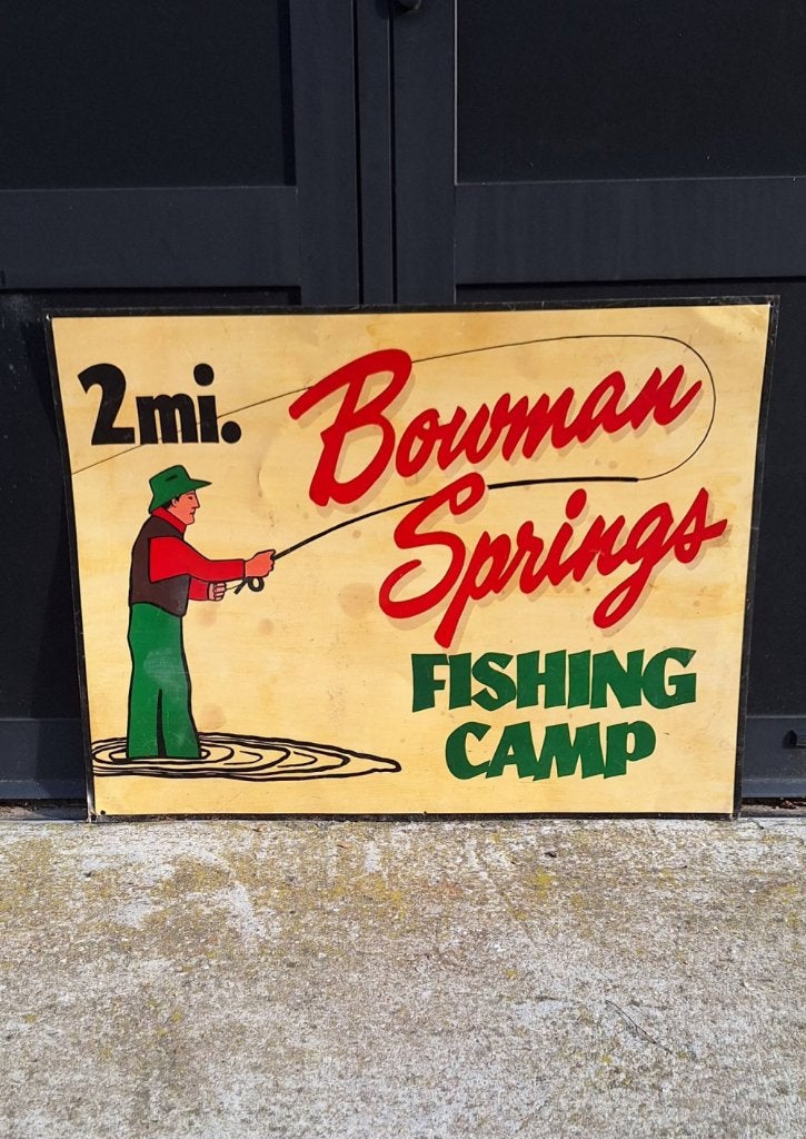 Origineel USA reclamebord Bowman Springs Fishing Camp🎣, Verzamelen, Ophalen, Reclamebord, Gebruikt, .