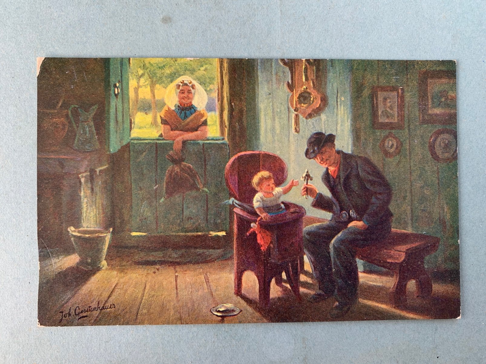 Vader speelt met baby - Zeeuwse klederdracht, Ophalen of Verzenden, Voor 1920, Ongelopen, Kinderen