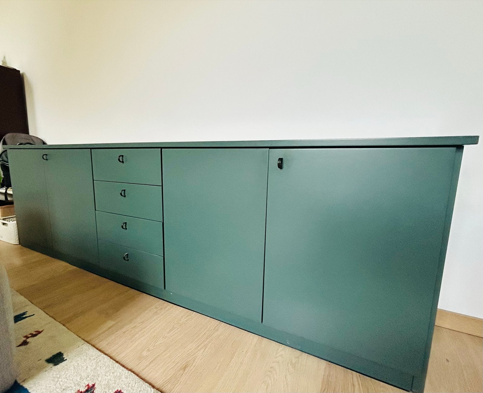 Molteni dressoir in Pruisisch groen met lades en deuren, Ophalen, Gebruikt, 200 cm of meer, Overige houtsoorten