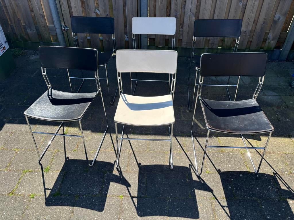 6 Italiaanse design leren stoelen Arrben”Sultana”jaren 70/80, Gebruikt, Zwart, Ophalen of Verzenden, Vijf, Zes of meer stoelen