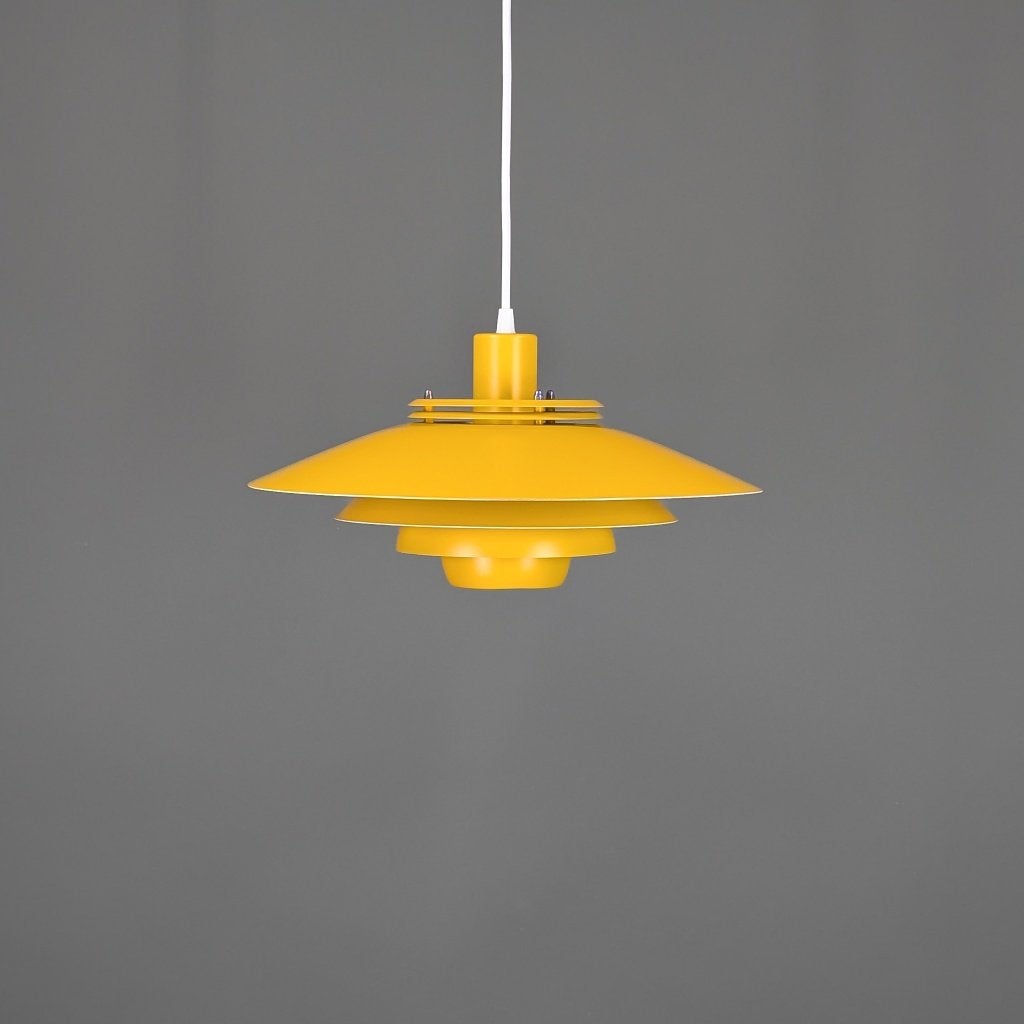 Vintage retro hanglamp in mosterd geel, Mid century, Ophalen of Verzenden, Zo goed als nieuw, 75 cm of meer