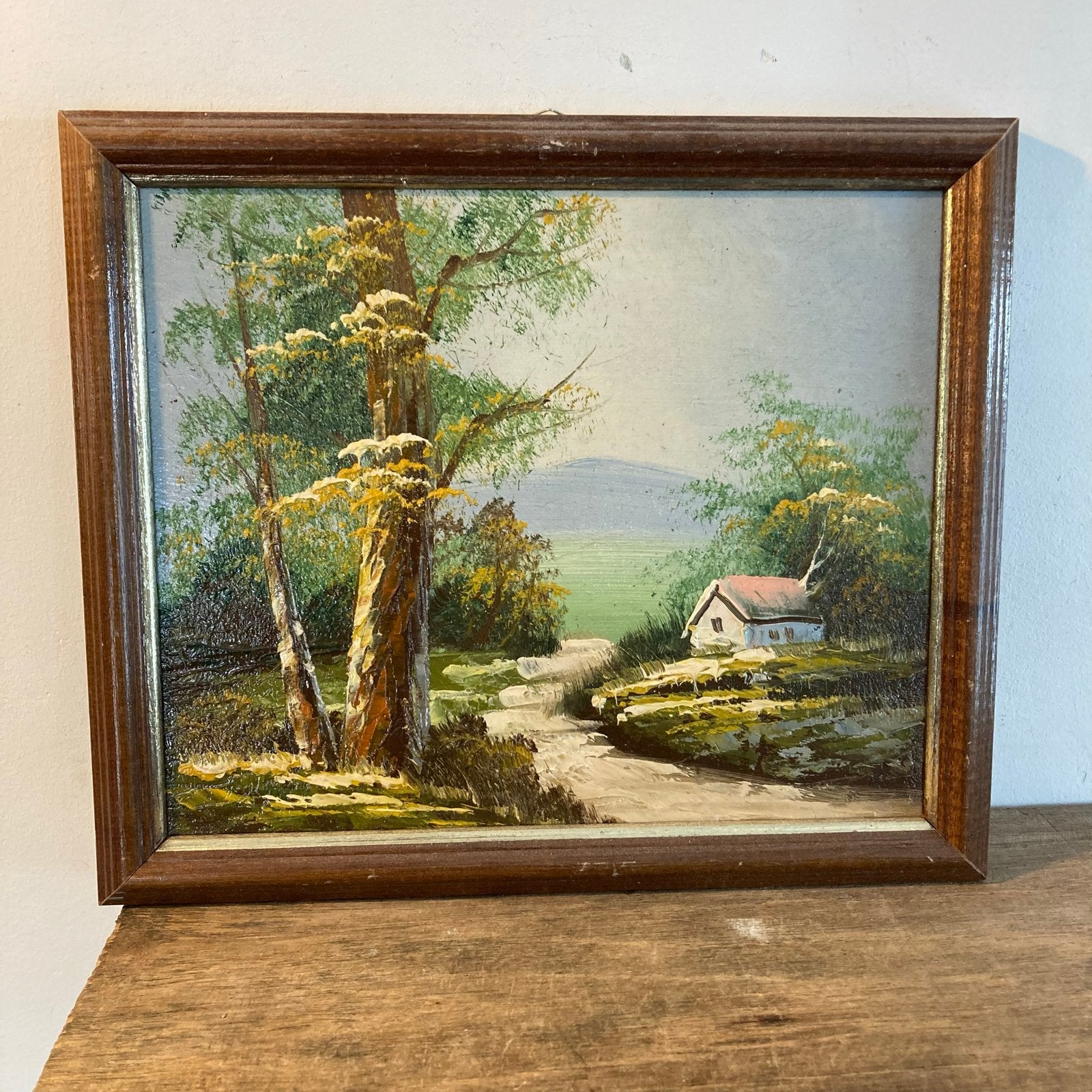 Vintage Landschap Schilderij - Huisje aan Rivier 27x23cm, Antiek en Kunst, Ophalen of Verzenden