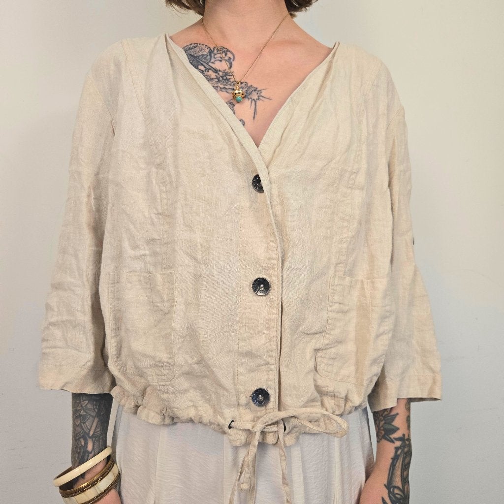 Ulla Popken Beige Linnen Blouse Dames EU 50/52 5XL, Beige, Maat 46/48 (XL) of groter, Ulla Popken, Ophalen of Verzenden