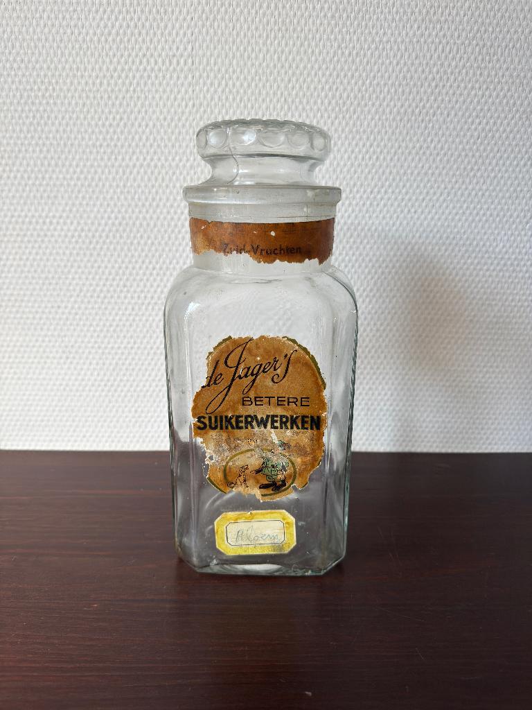 Antieke Brocante Glazen Snoeppot met Label, Voorraadpot, Ophalen of Verzenden