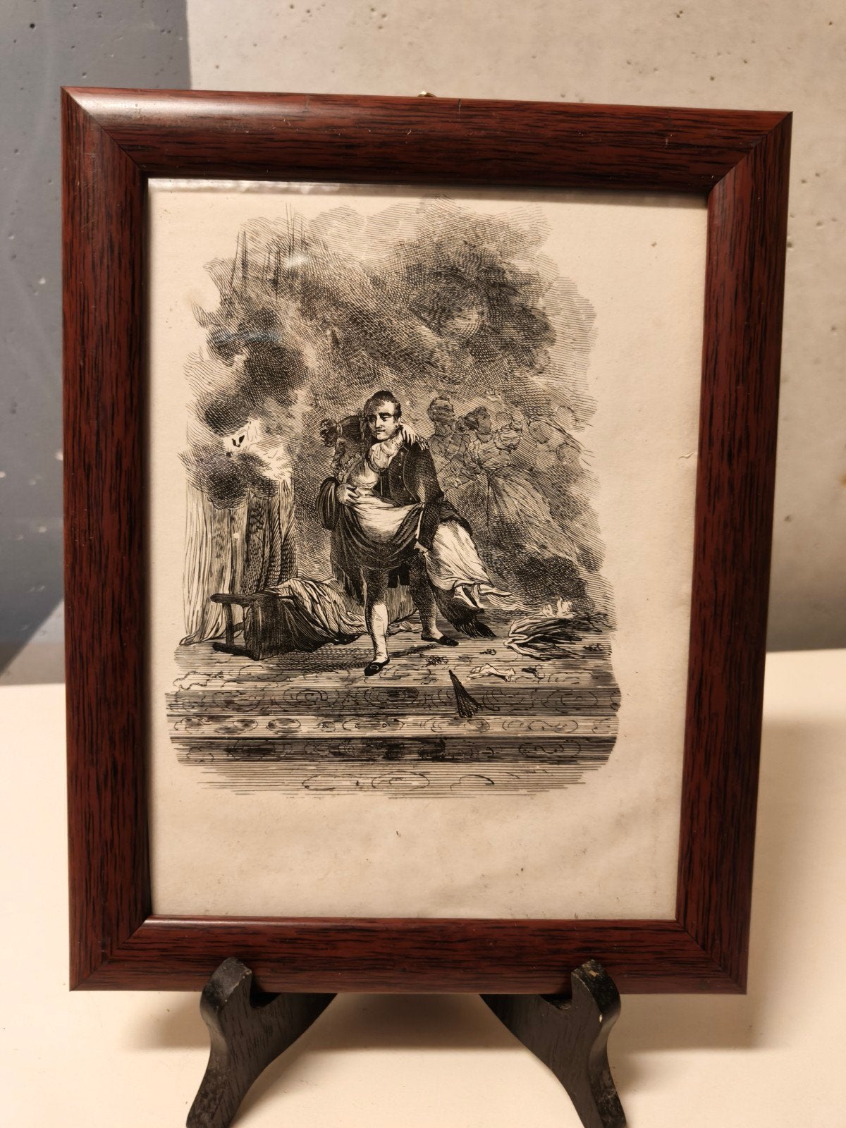 Antieke Gravure: Romantische Scène in Houten Lijst, 1800 - 1899, Ophalen of Verzenden, Gravure, Ingelijst