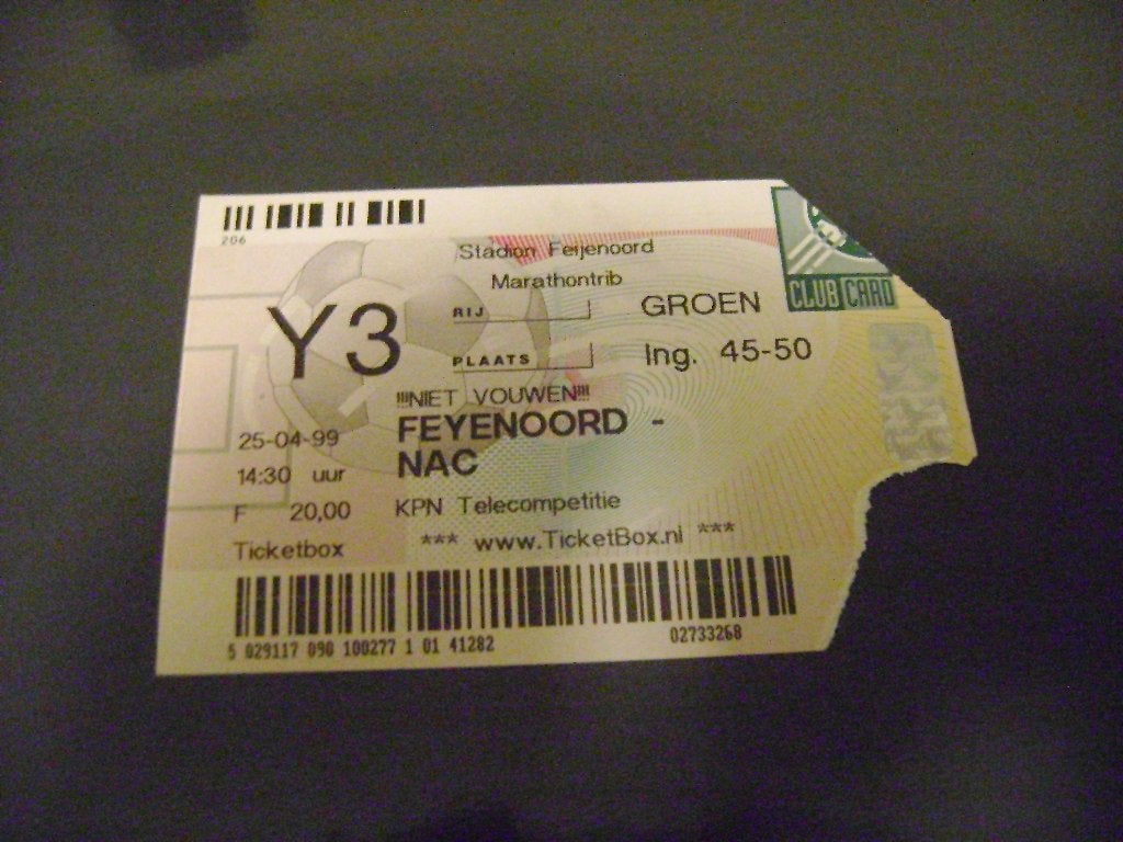 oud Ticket Feyenoord 25-4-1999 Feyenoord-Nac, Ophalen of Verzenden, Zo goed als nieuw, Feyenoord, Overige typen