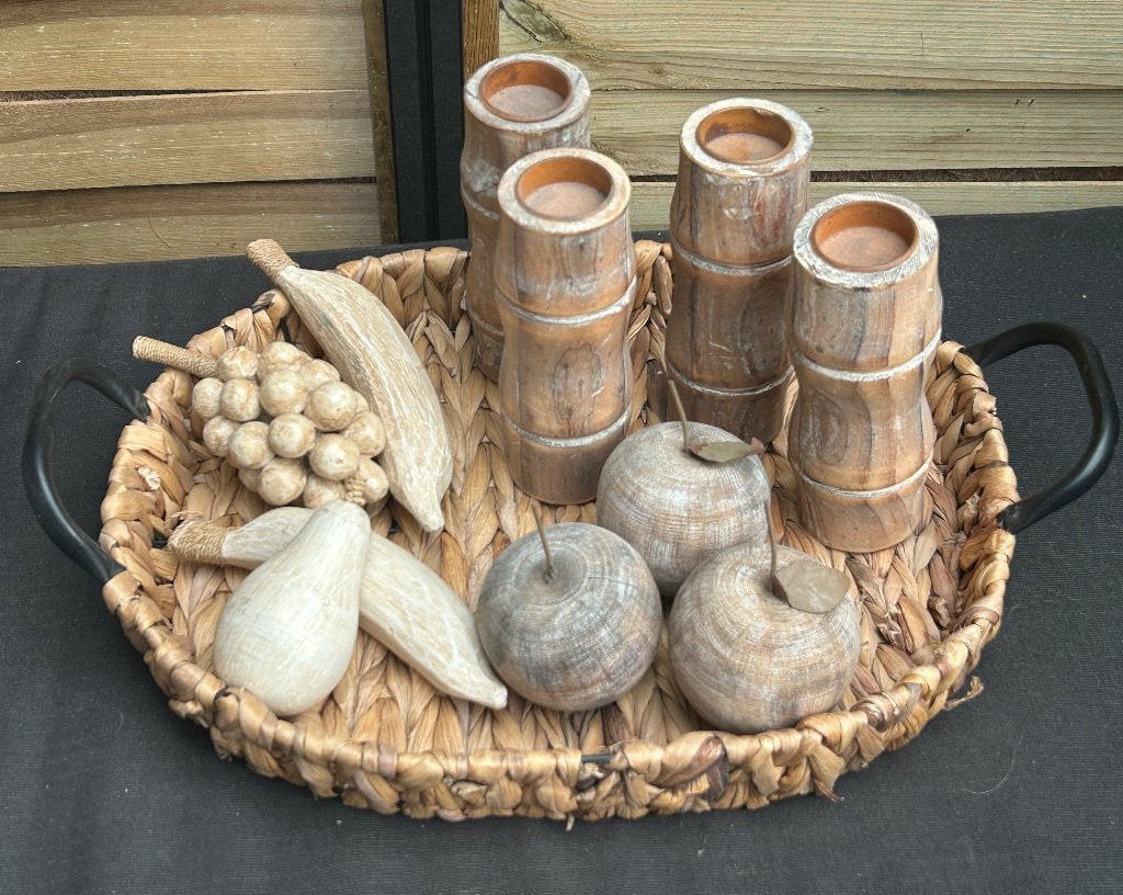 Decoratieve dienblad met houten fruit en waxinelichthouders, Ophalen of Verzenden, Gebruikt