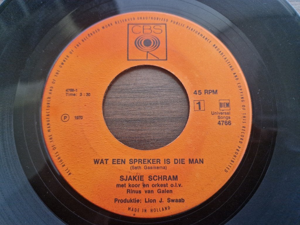 Sjakie Schram – Wat 'n Spreker Is Die Man, Cd's en Dvd's, Vinyl Singles, 7 inch, Ophalen of Verzenden, Zo goed als nieuw, Overige typen